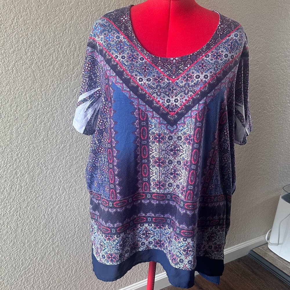 Catherines red/white/blue T-shirt with sheer slit back panel and hemline Size 2X